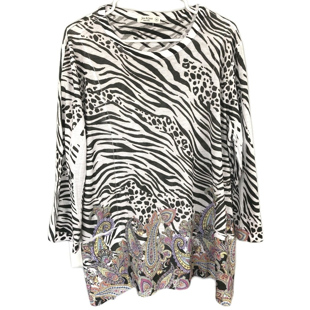 Jess & Jane Tunic Top Women XL Animal Zebra Paisley 3/4 Sleeve Pocket USA EUC